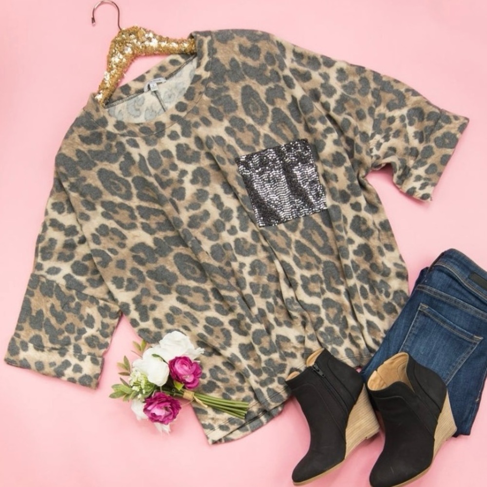 Flaunt Boutique Leopard Print Poncho with Sequin Pocket
